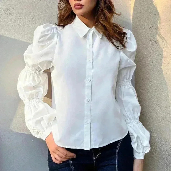 White Preppy Womens Solid Button Front Ruched Shirt - Picture 3 of 5